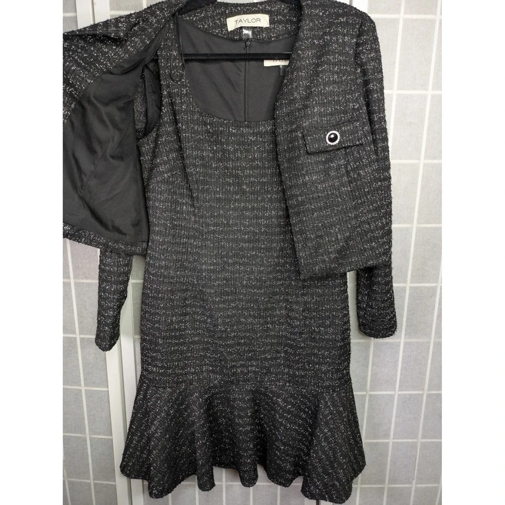 Taylor Womens Dress Set 2 Piece Size 8 $148 Metallic Black Tweed Holiday Career